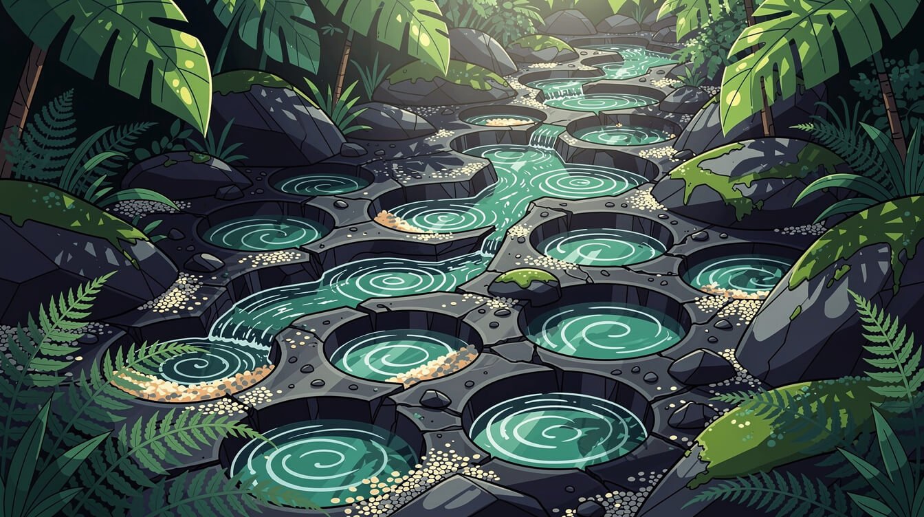 Stream bedrock scoured into round pothole hollows, the landform behind the name Maokong