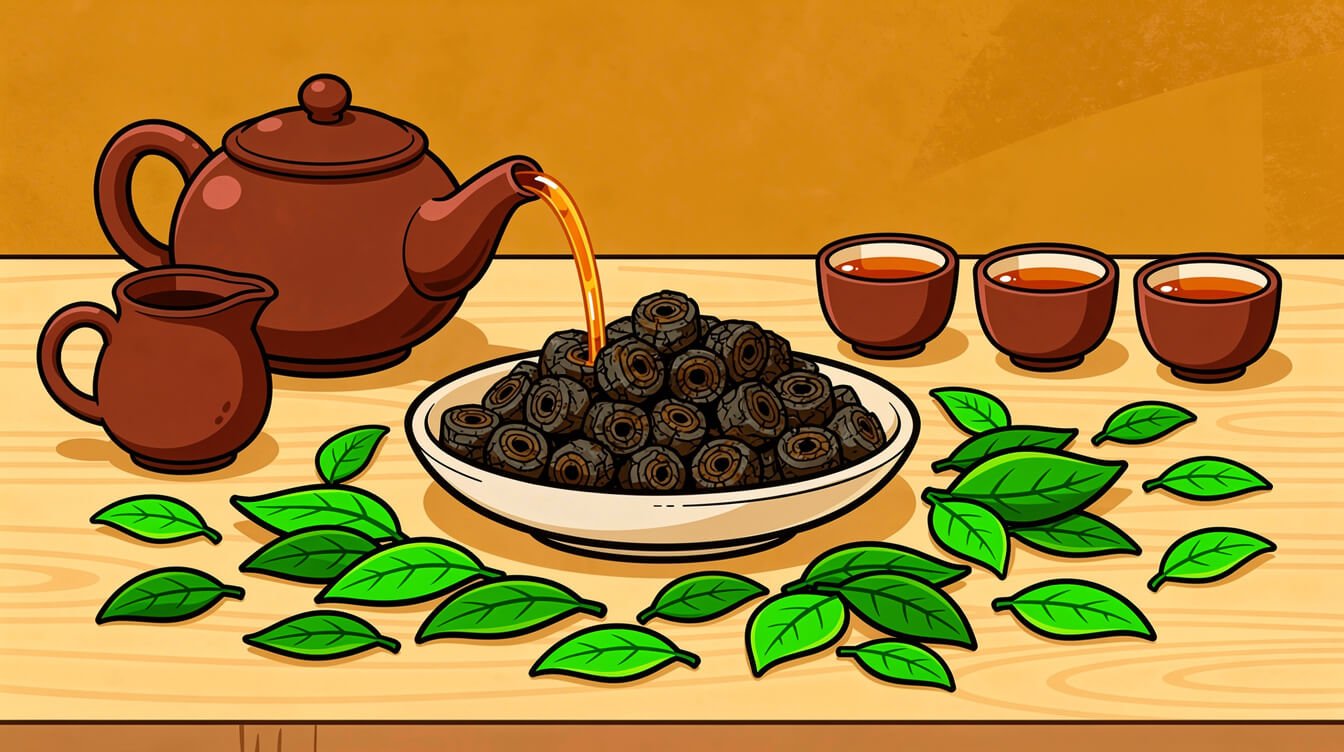 Rolled dark-roasted Muzha Tieguanyin oolong with a clay teapot and tasting cups