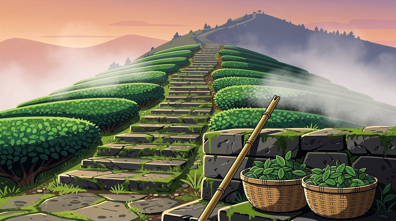 Old stone tea-porter staircase climbing through misty terraced tea gardens with carrying pole and leaf baskets