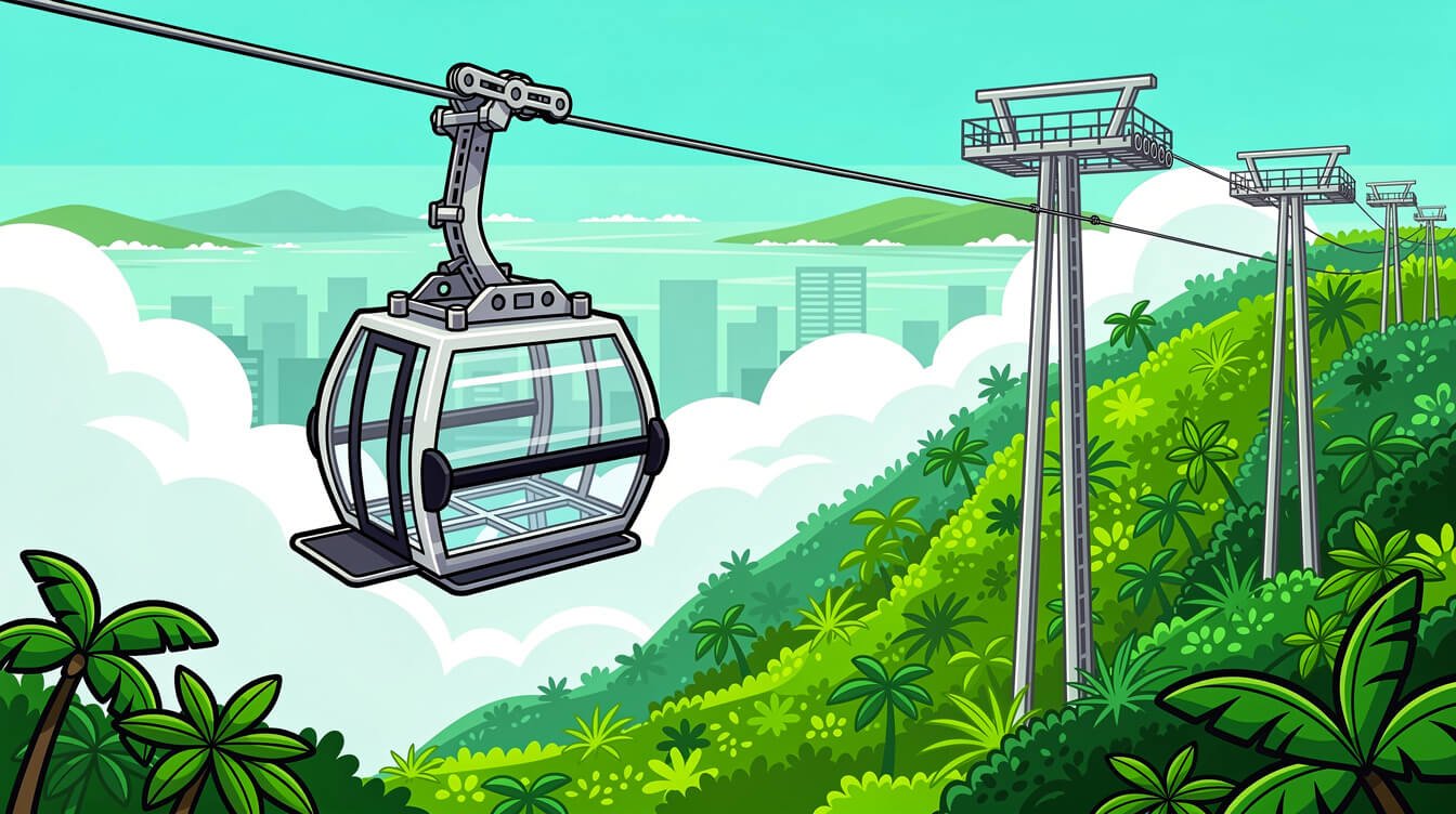 Maokong Gondola cabin with glass floor crossing above forested ridges toward the tea mountain