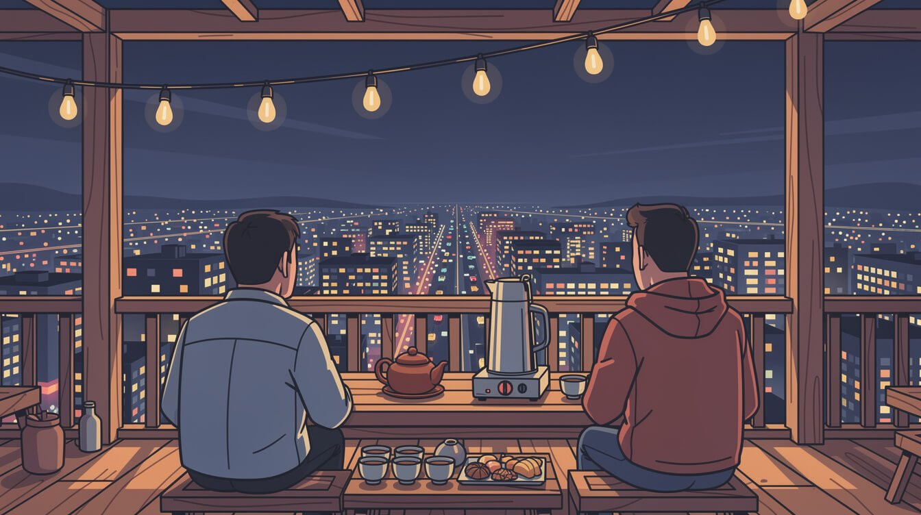 Two people on a Maokong teahouse terrace at night brewing their own tea above the lit city