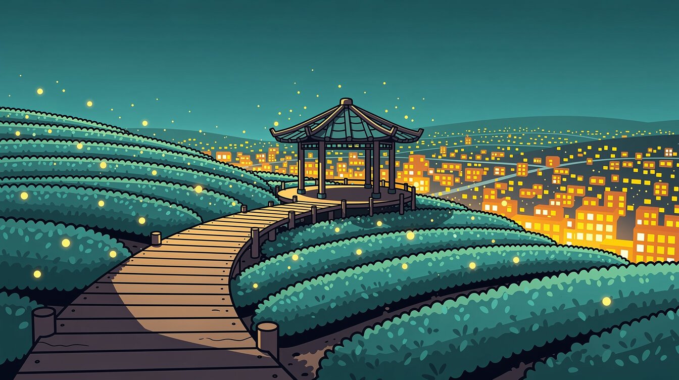 Boardwalk trail through tea terraces at dusk above the lit Taipei basin with fireflies