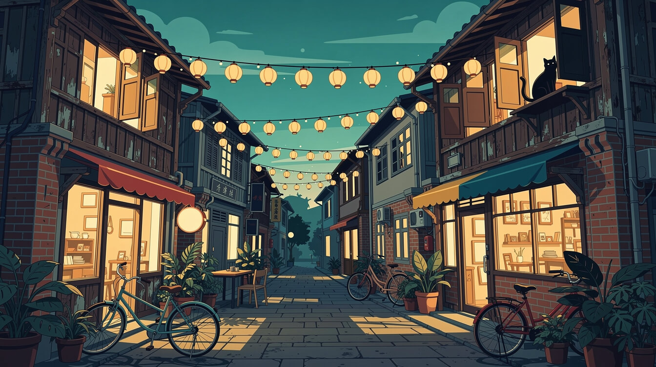 Lantern-lit heritage lane of indie cafes and craft studios in Tainan, Taiwan at dusk