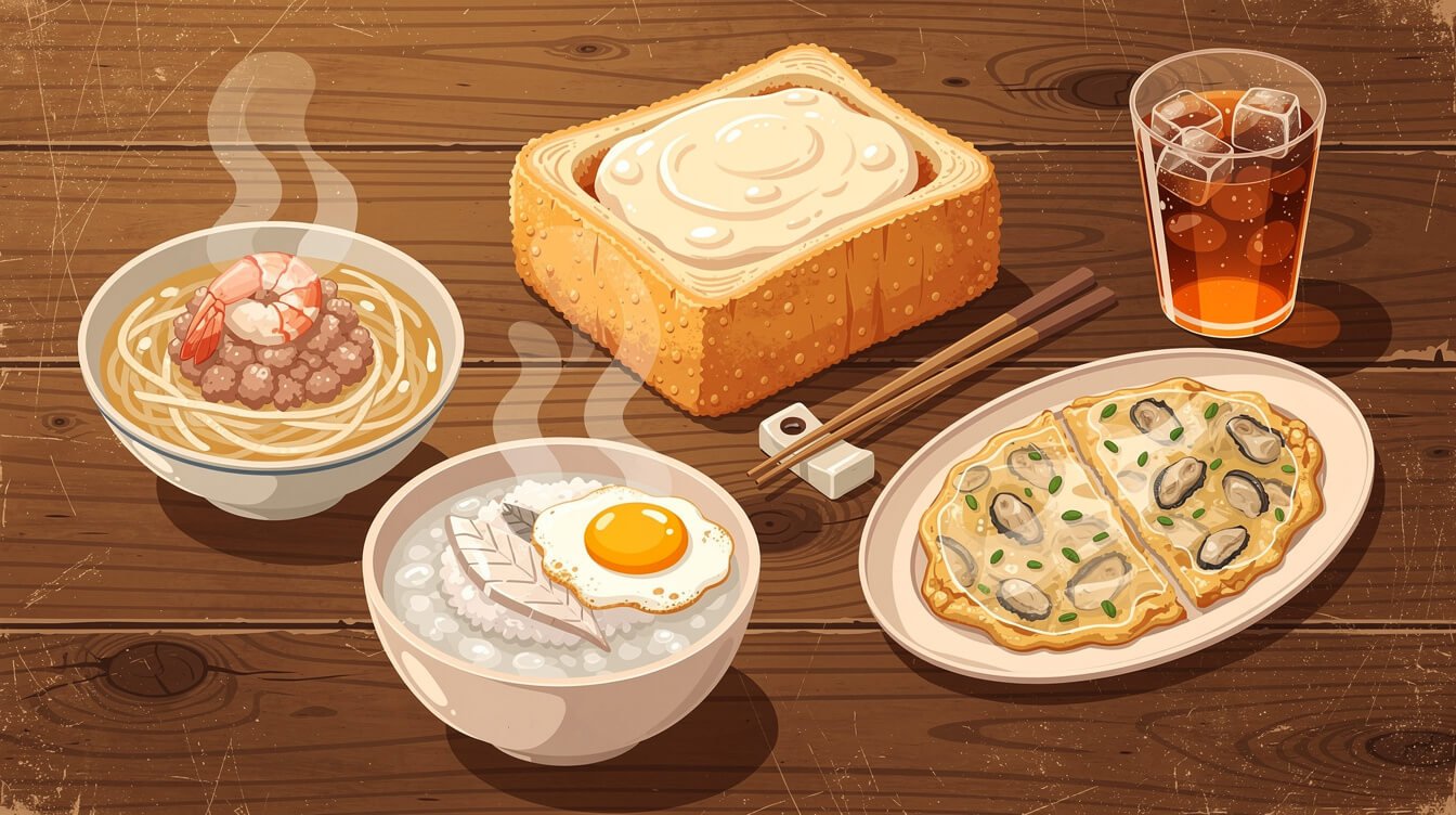 Overhead flat lay of Tainan foods: danzai noodles, coffin bread, milkfish congee, and oyster omelette