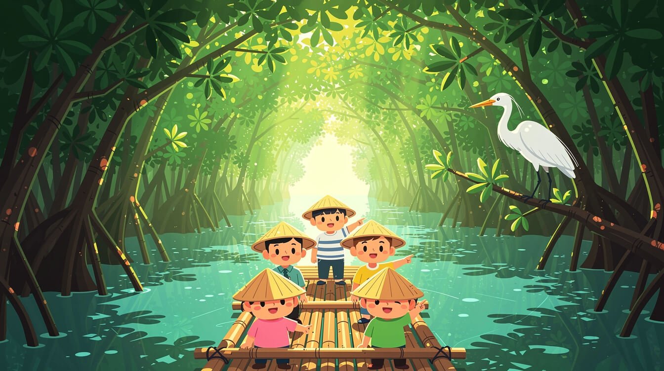Bamboo raft gliding through the mangrove Green Tunnel waterway near Tainan, Taiwan