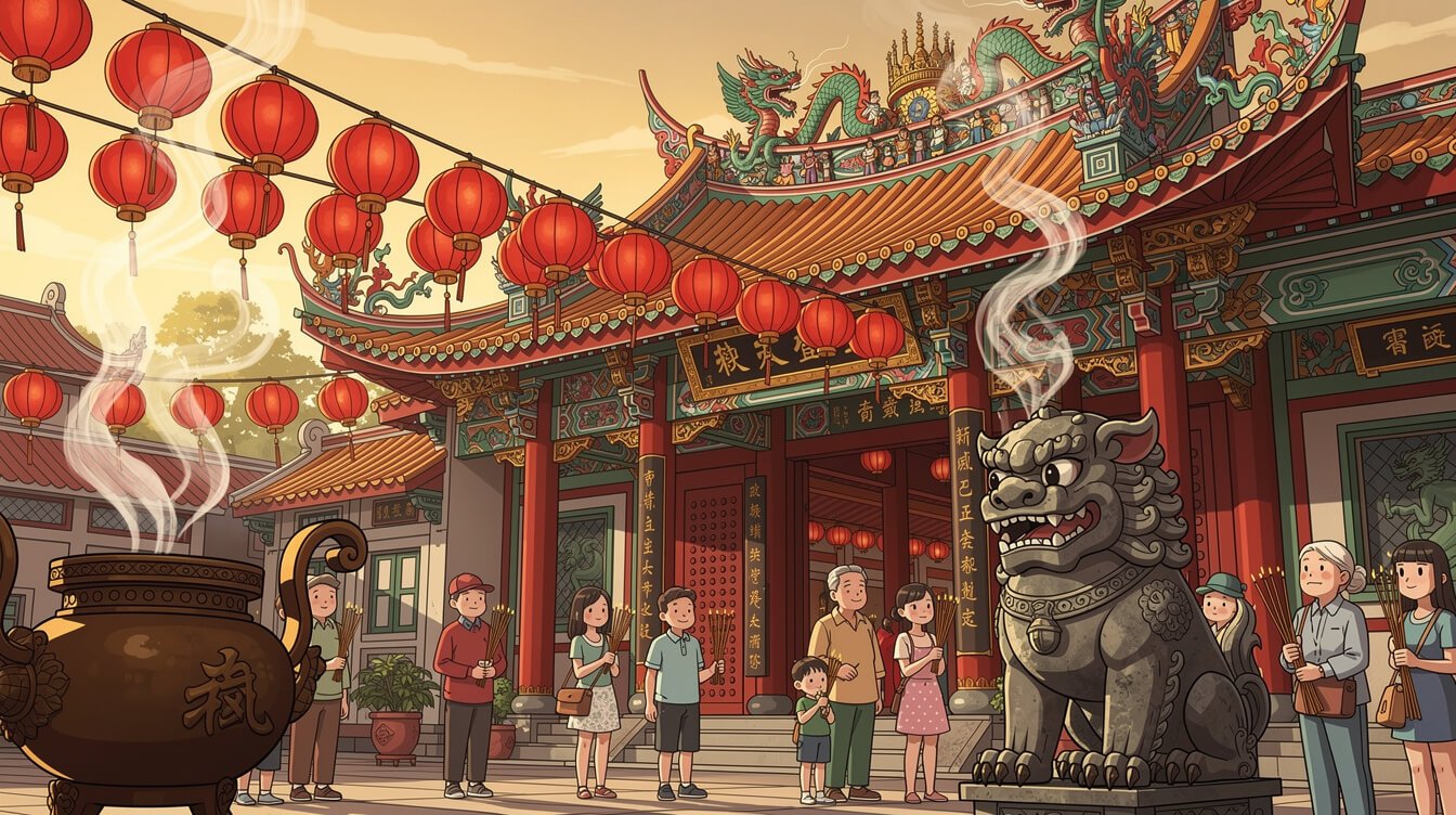Ornate temple courtyard in Tainan with dragon roof ridge, red lanterns, and incense smoke