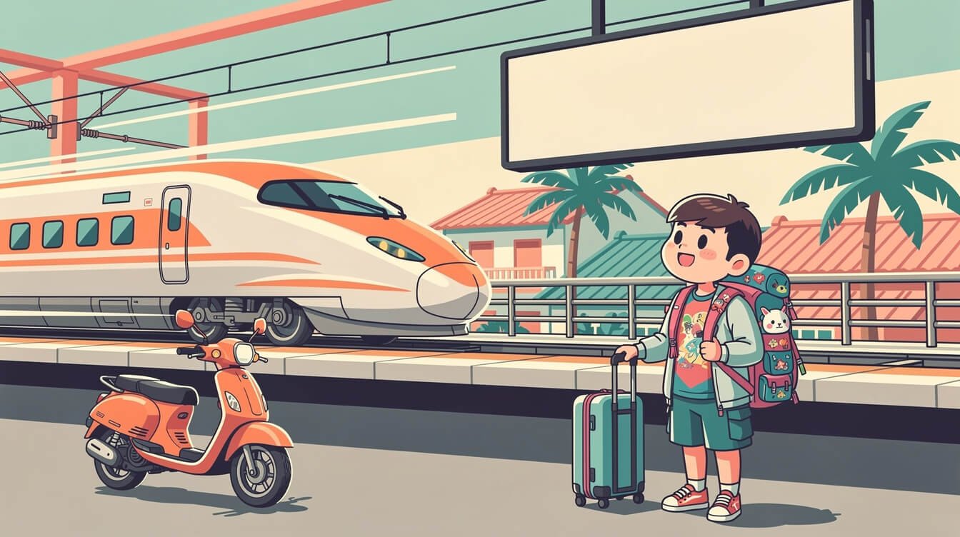 Traveler with luggage beside a high-speed train on the way to Tainan, Taiwan