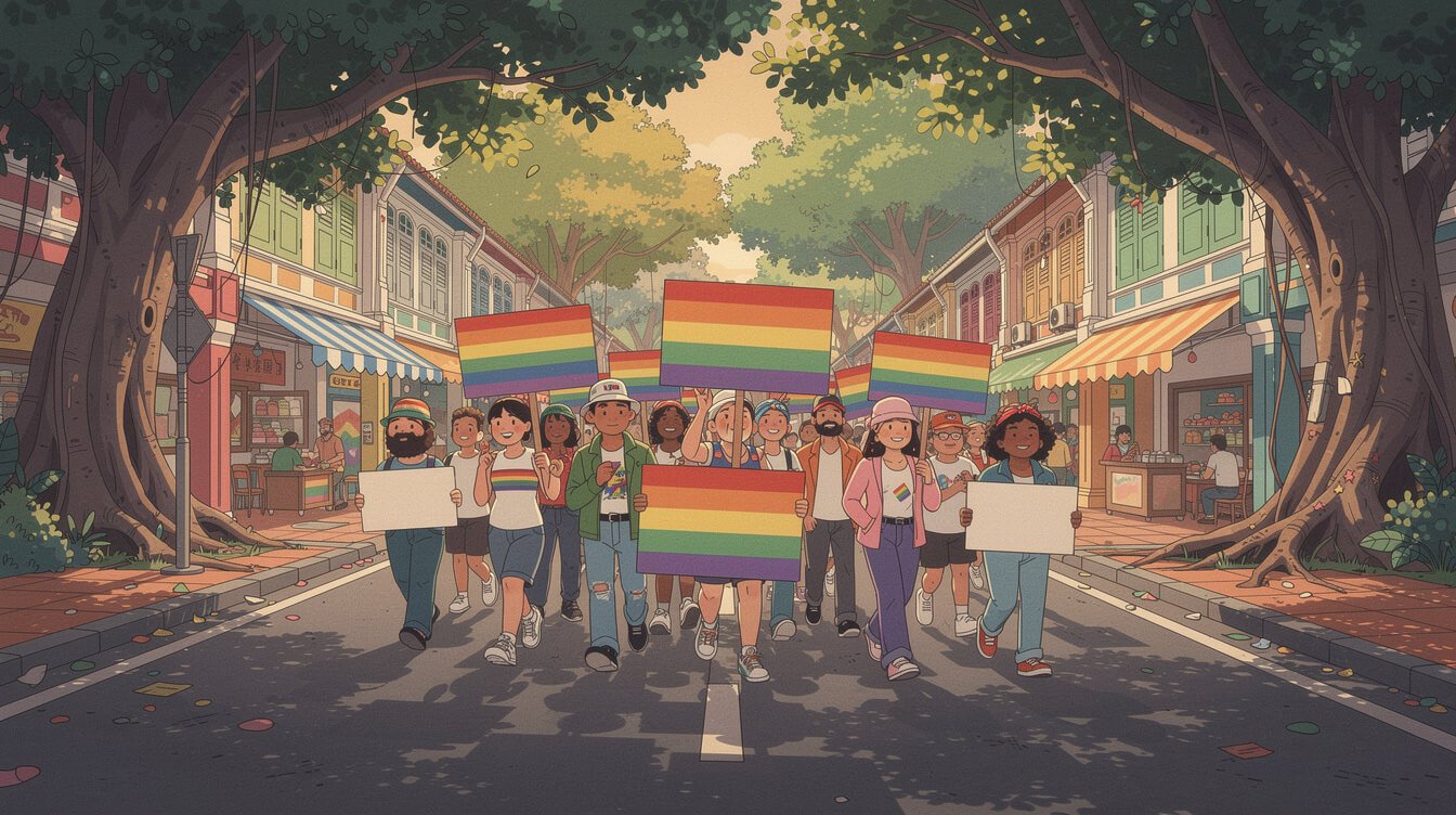 Early Taipei Pride marchers with rainbow placards on a tree-lined Taipei avenue