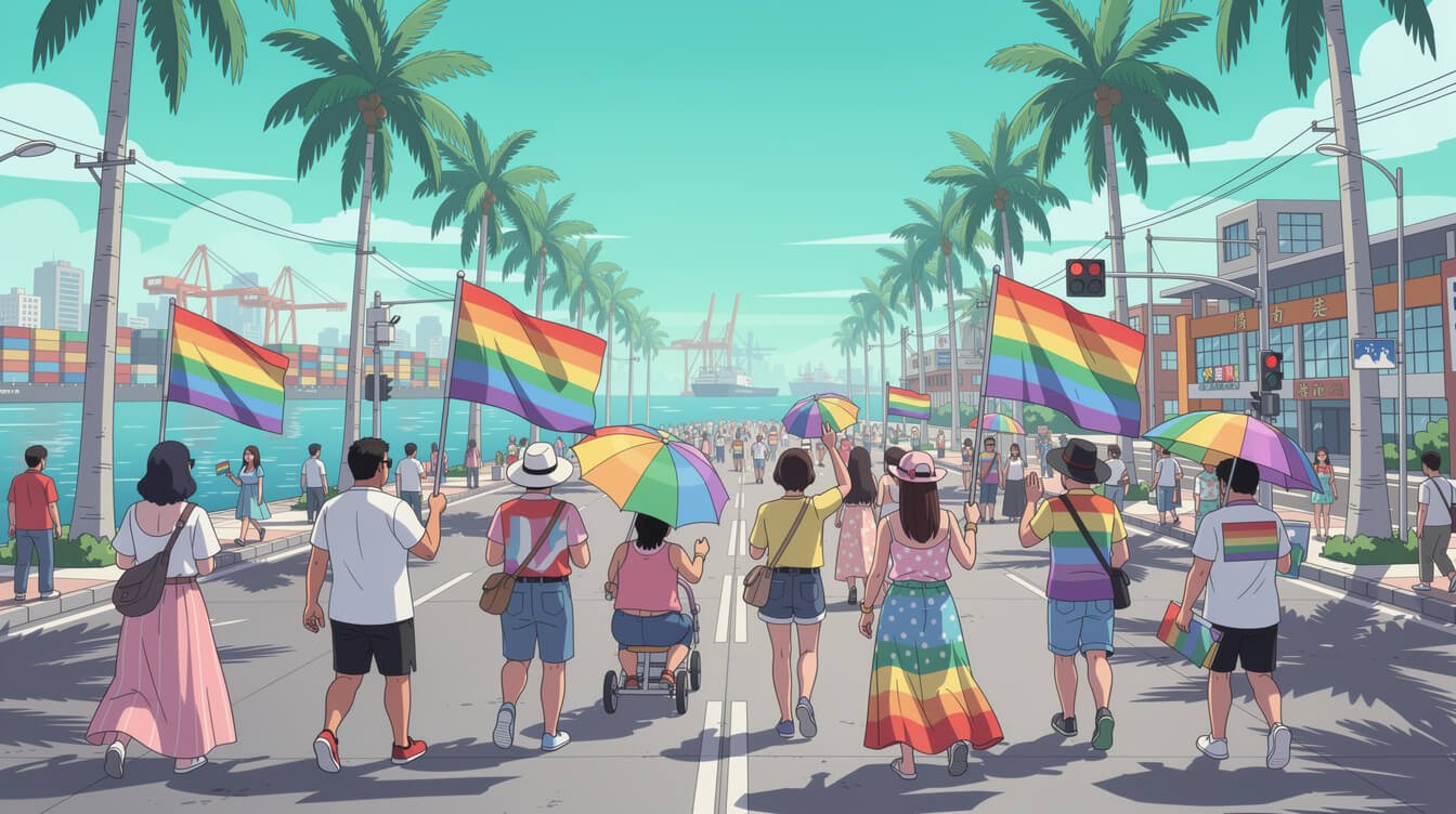 Pride parade with rainbow flags on a palm-lined harbourfront avenue in Kaohsiung, southern Taiwan