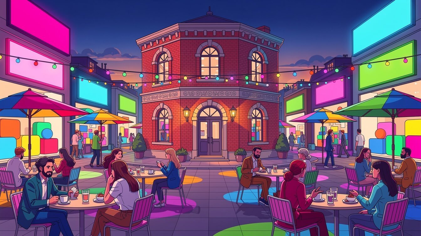 The octagonal Red House at dusk in Ximending with rainbow string lights over the outdoor bar plaza
