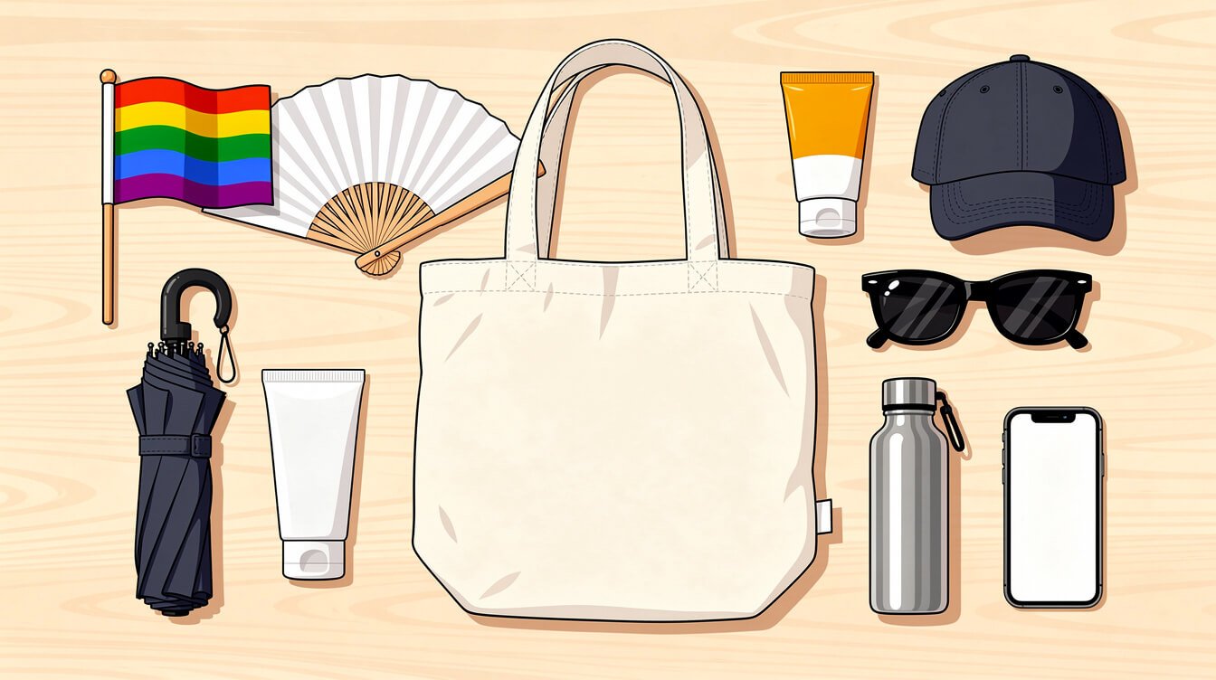 Flat-lay of Taipei Pride parade day essentials including a canvas tote, hand fan, sunscreen and water flask