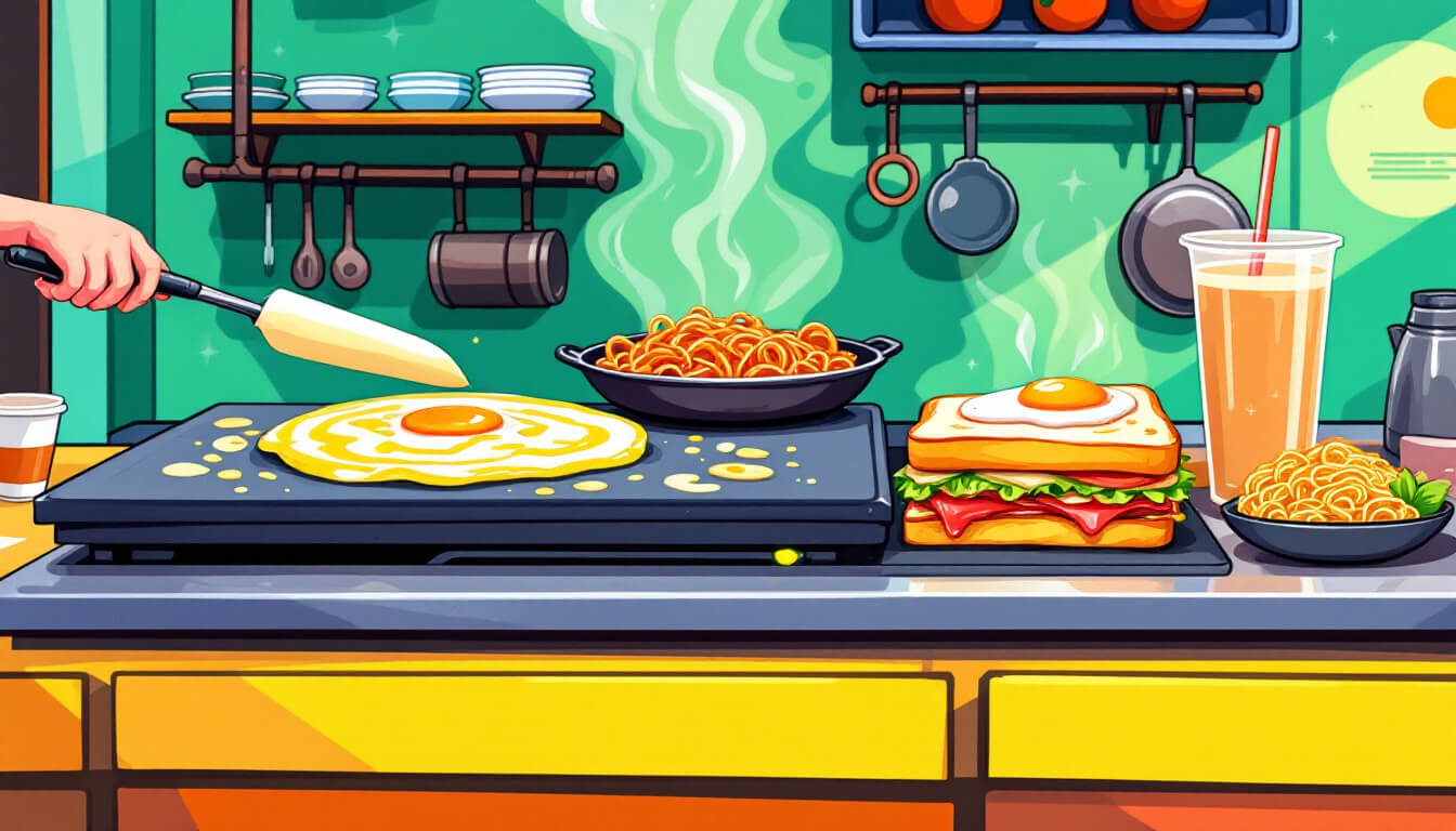 Modern Taiwanese breakfast shop griddle with egg crepe, thick toast and iron plate noodles