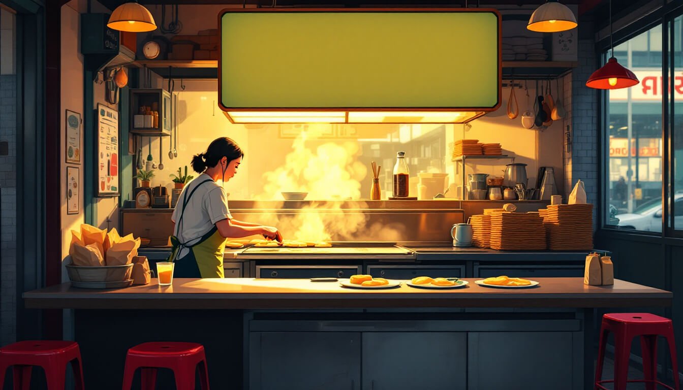Interior of a Taiwanese breakfast shop with a woman cooking egg crepes on a flat griddle