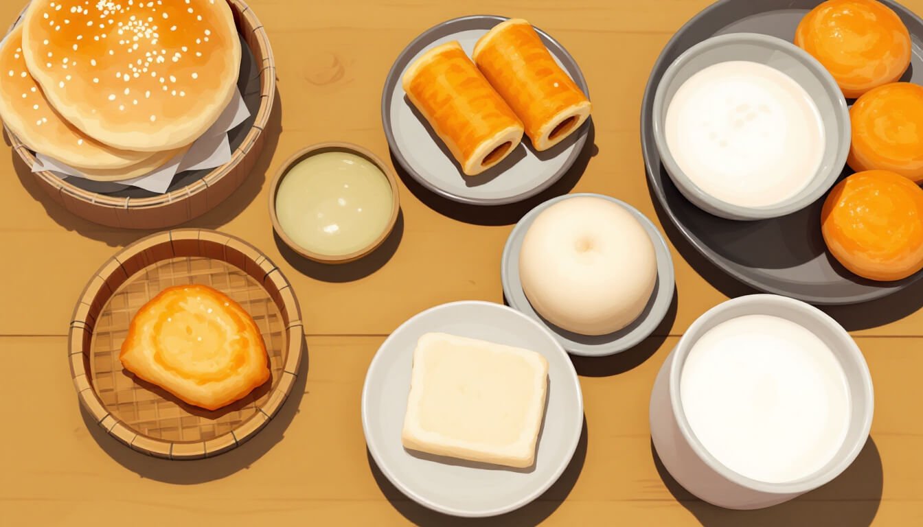 Classic Taiwanese breakfast foods including clay oven flatbread, fried crullers, sticky rice roll and soy milk