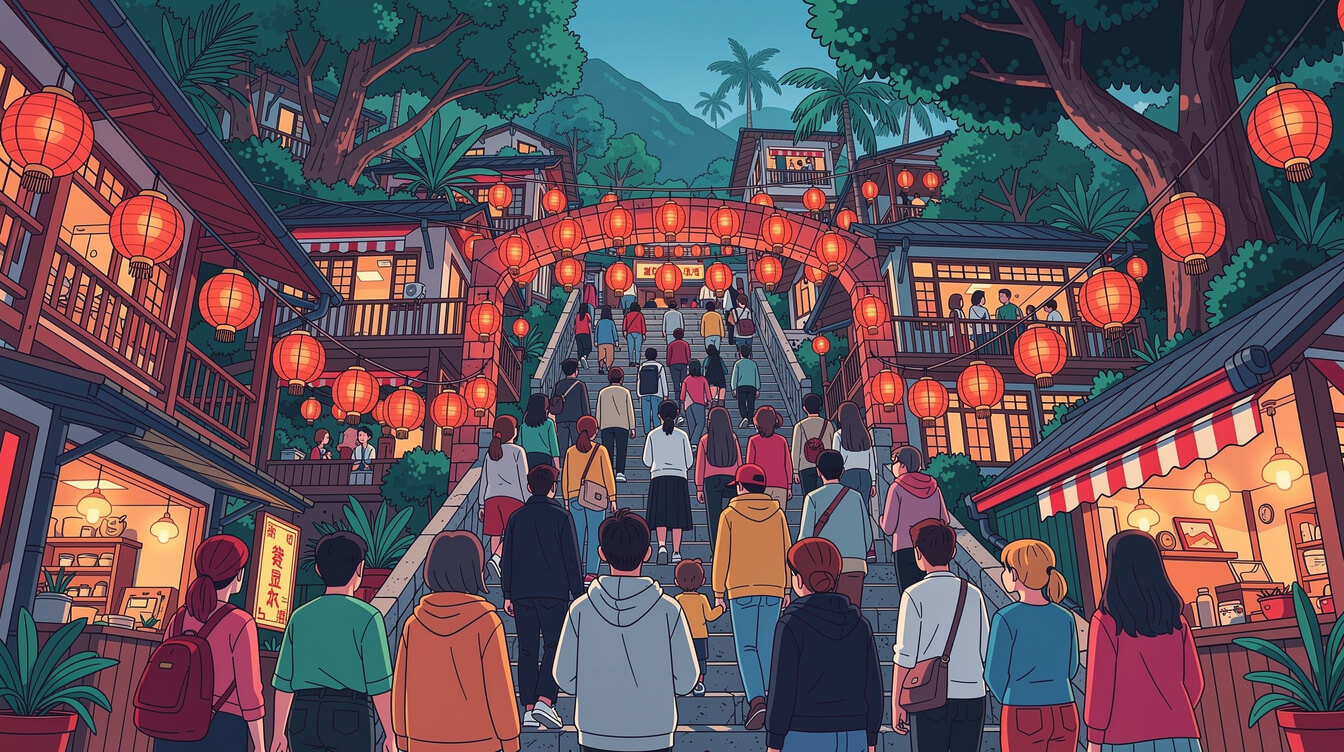 Crowded lantern-lit stairway in a Taiwanese mountain town on a holiday weekend