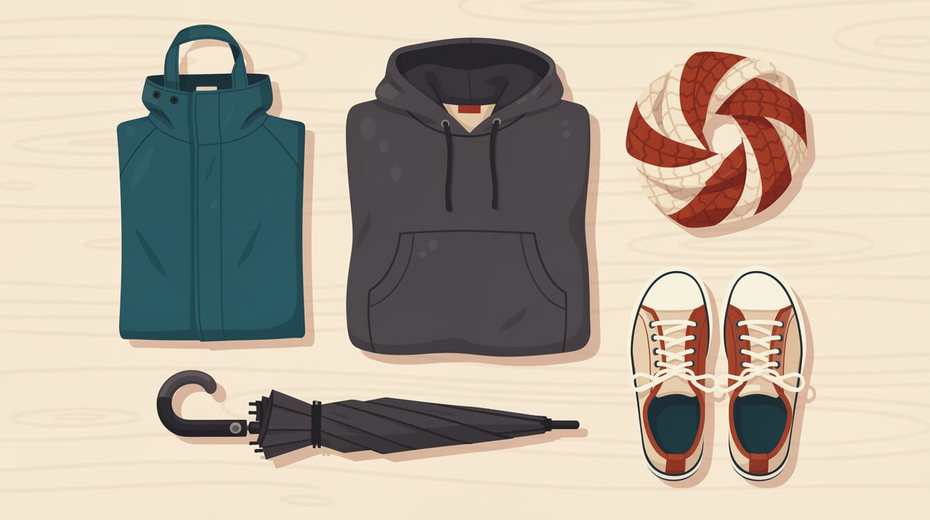 Flat lay of hoodie, rain shell, scarf and umbrella for Taiwan in December