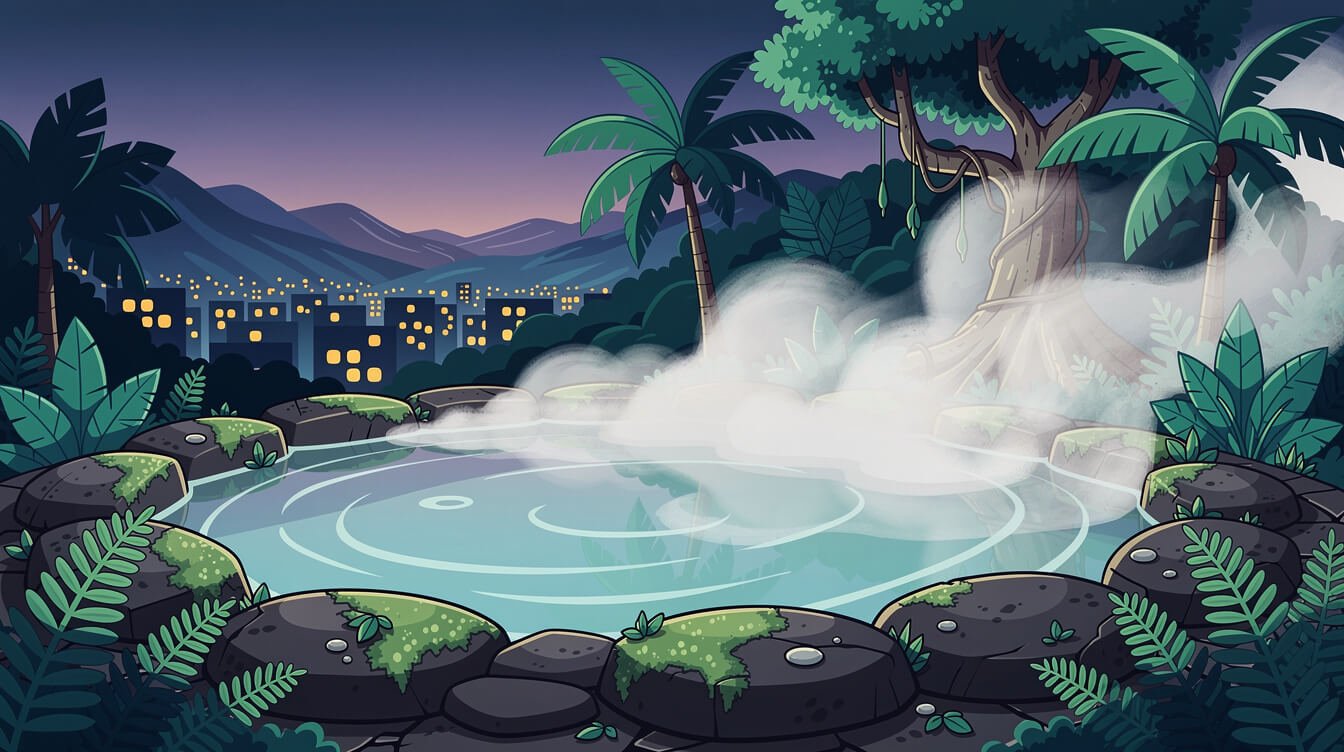 Steaming outdoor volcanic hot spring pool at dusk in Taiwan