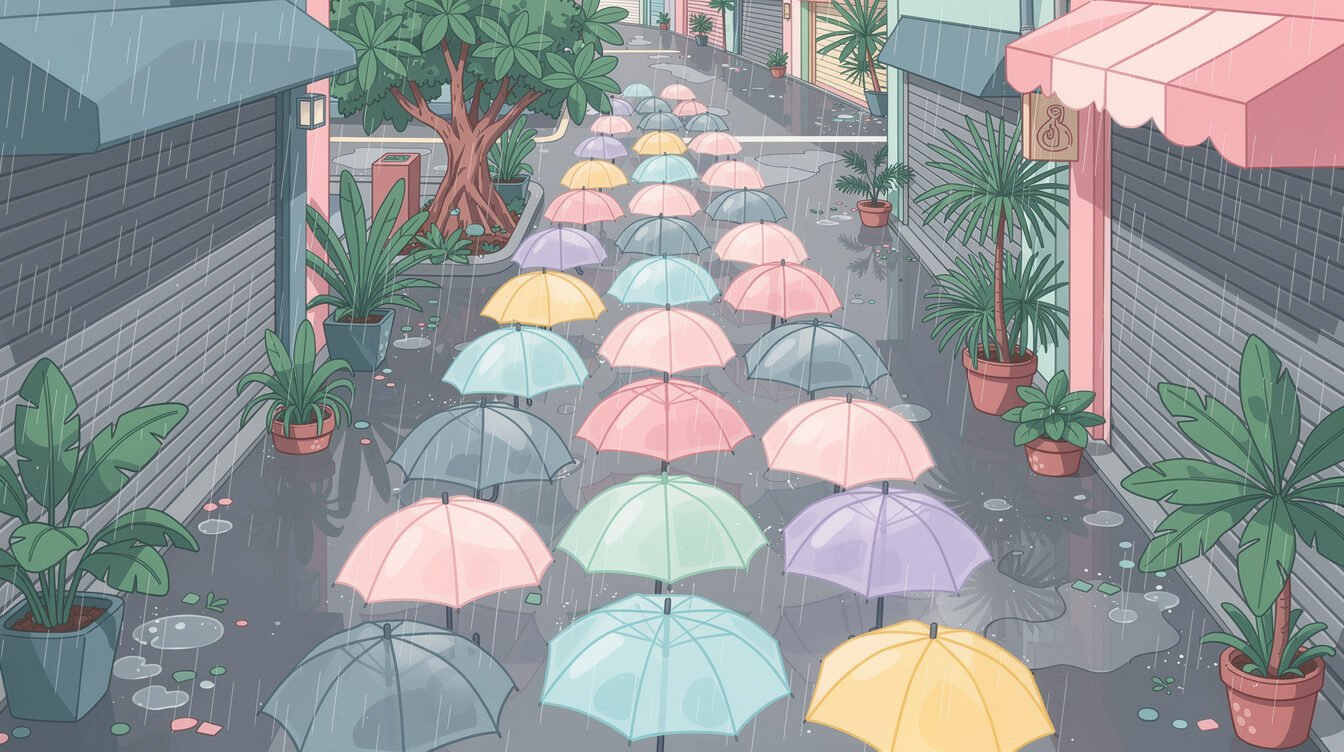 Umbrellas on a drizzly northern Taiwan street in December