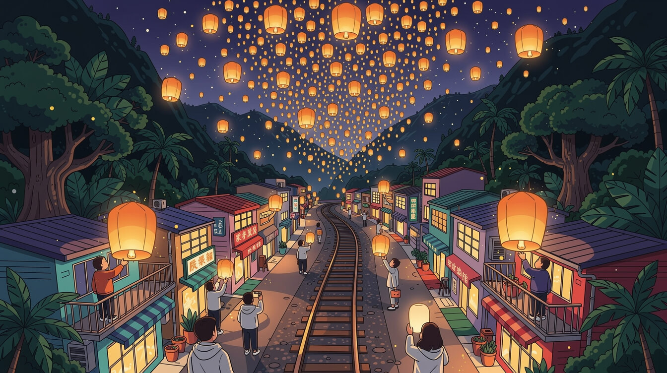 Sky lanterns rising over a Taiwanese railway valley in winter