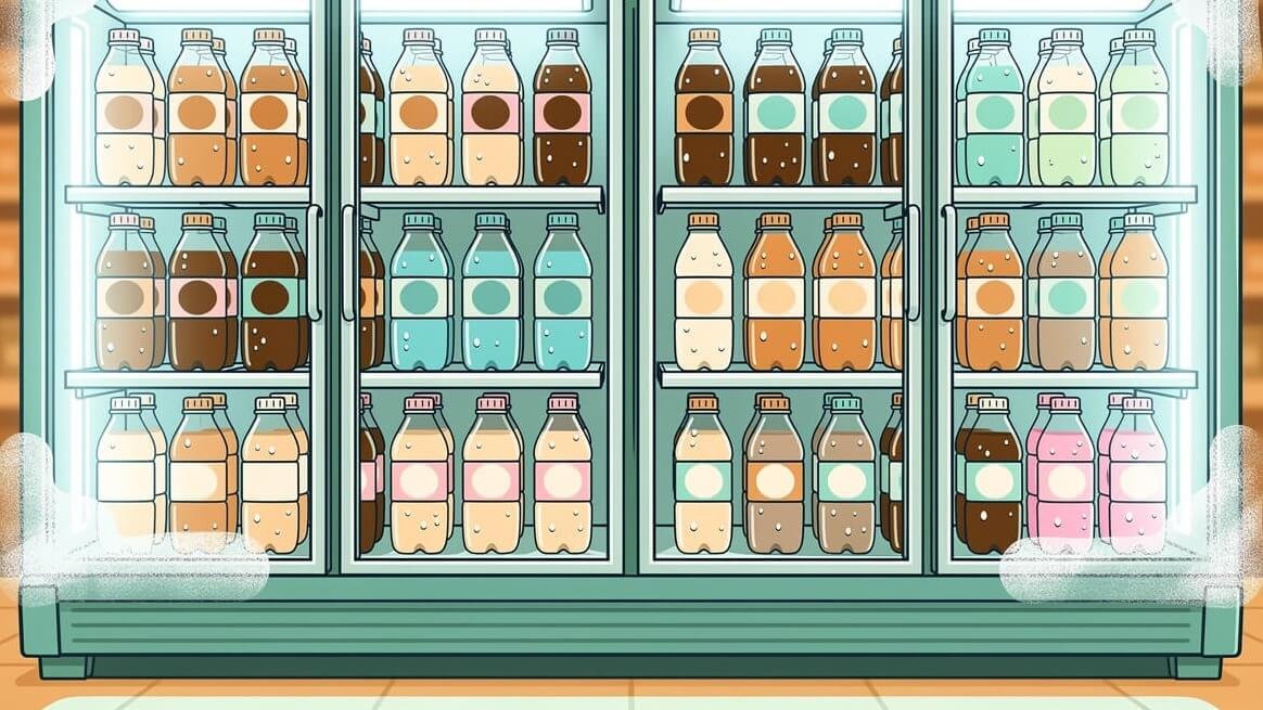 Convenience store cold case full of bottled Taiwan drinks
