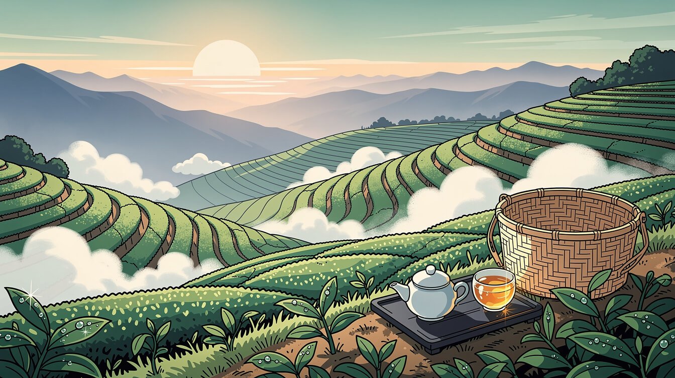 High mountain oolong tea terraces in Taiwan at sunrise
