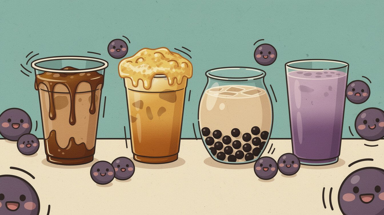 Taiwanese milk tea family including brown sugar boba and cheese foam tea