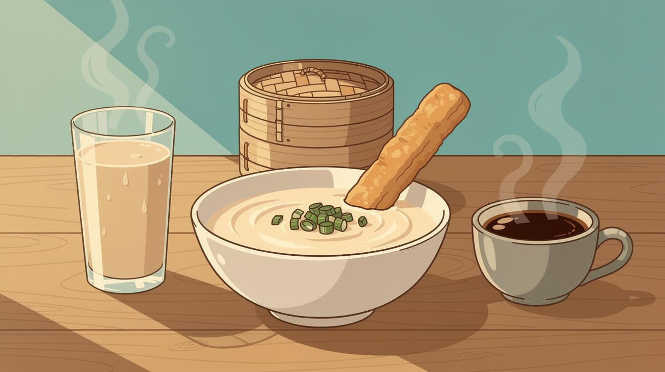 Hot savory soy milk and Taiwanese coffee at a breakfast shop