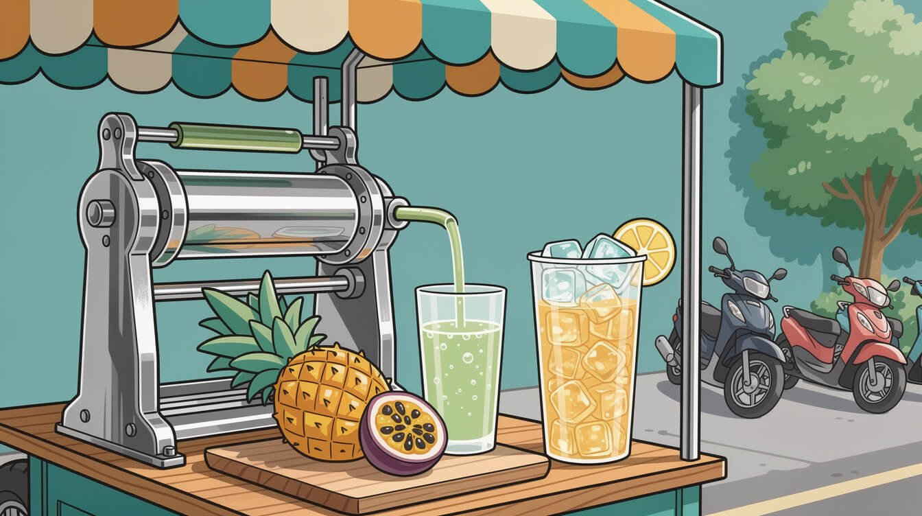 Taiwanese street drink cart with sugar cane juice and aiyu jelly