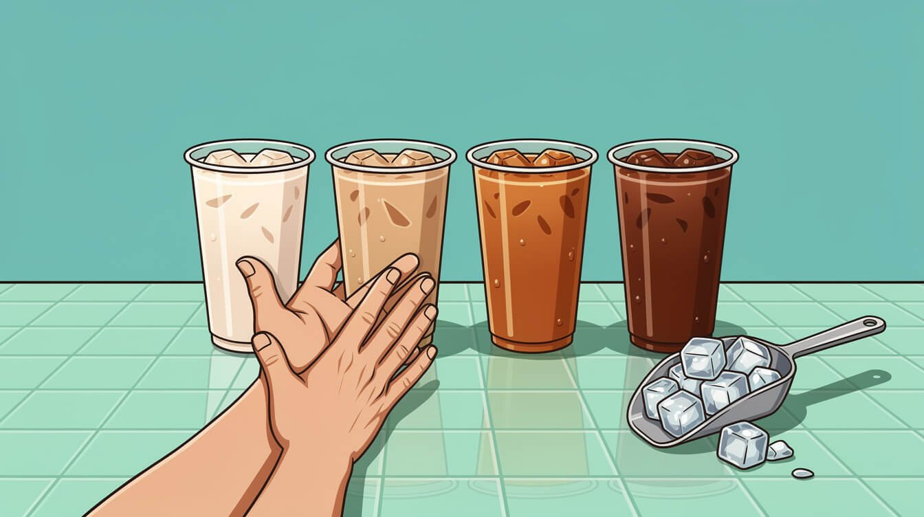 The Taiwan drink shop sugar and ice scale explained, five cups of milk tea in a gradient