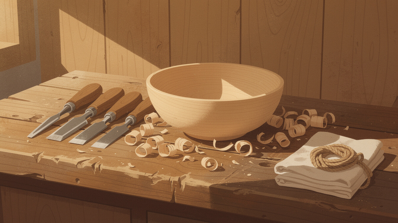 Woodcarver bench with hand tools and shavings in a Taiwan workshop