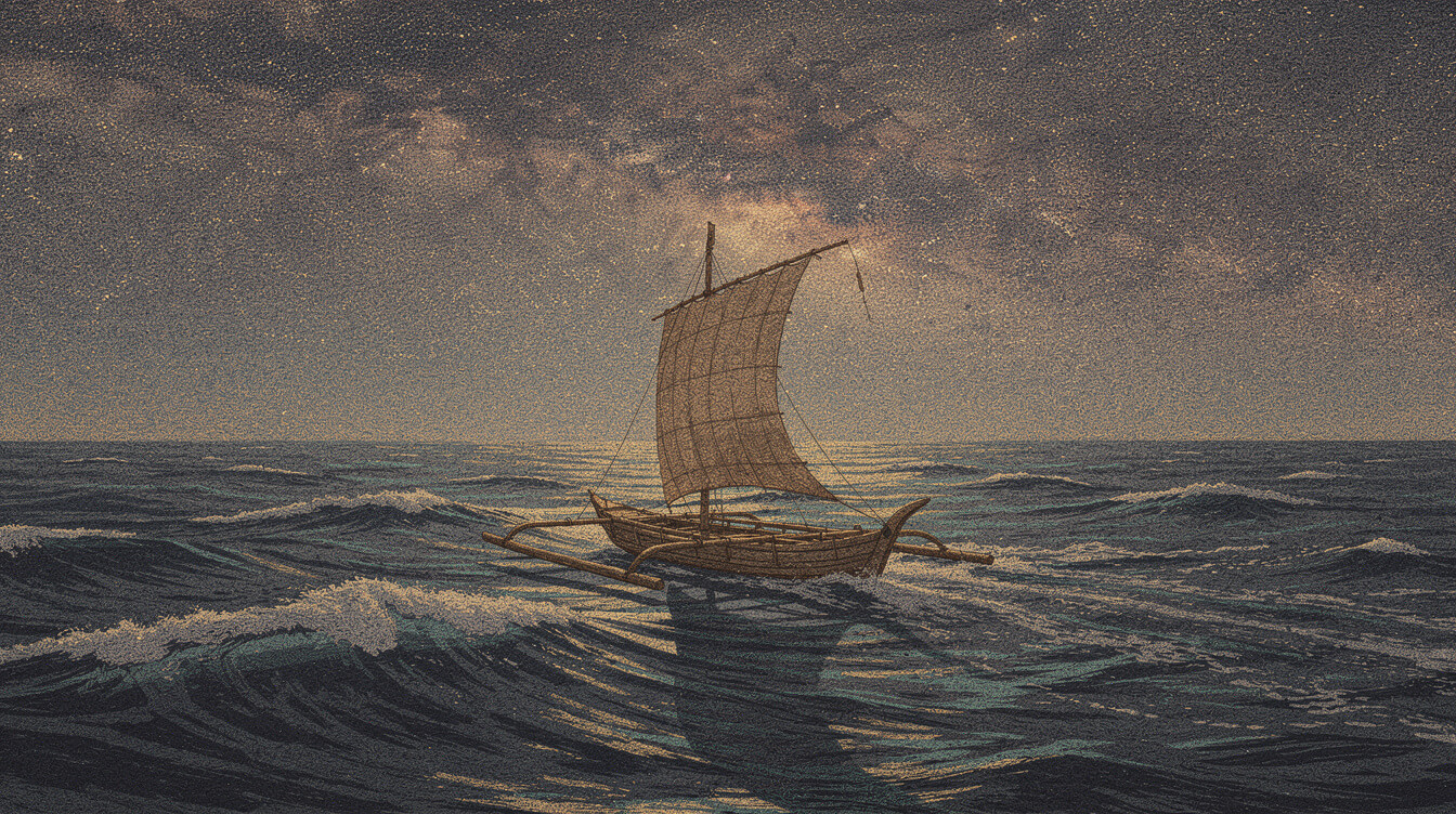 Austronesian outrigger voyaging canoe crossing the open Pacific at night