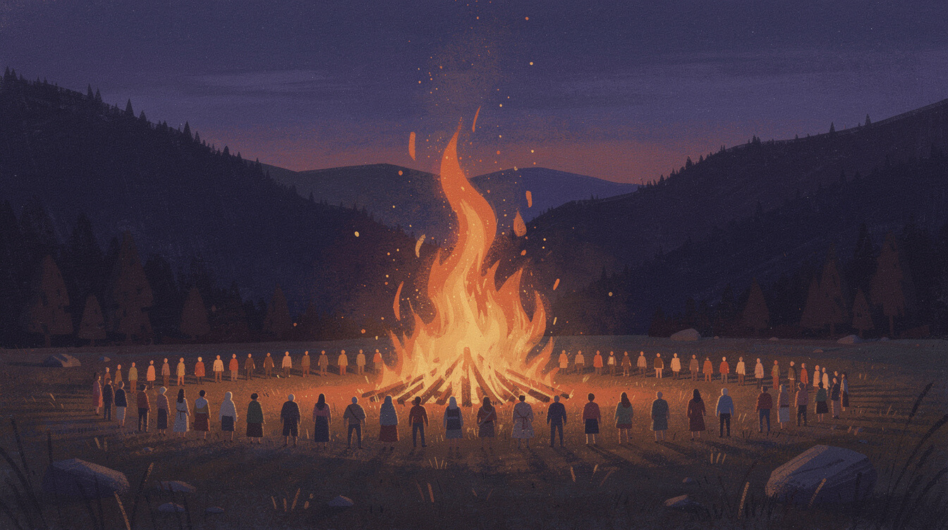 Community gathered around a harvest festival bonfire in a mountain clearing