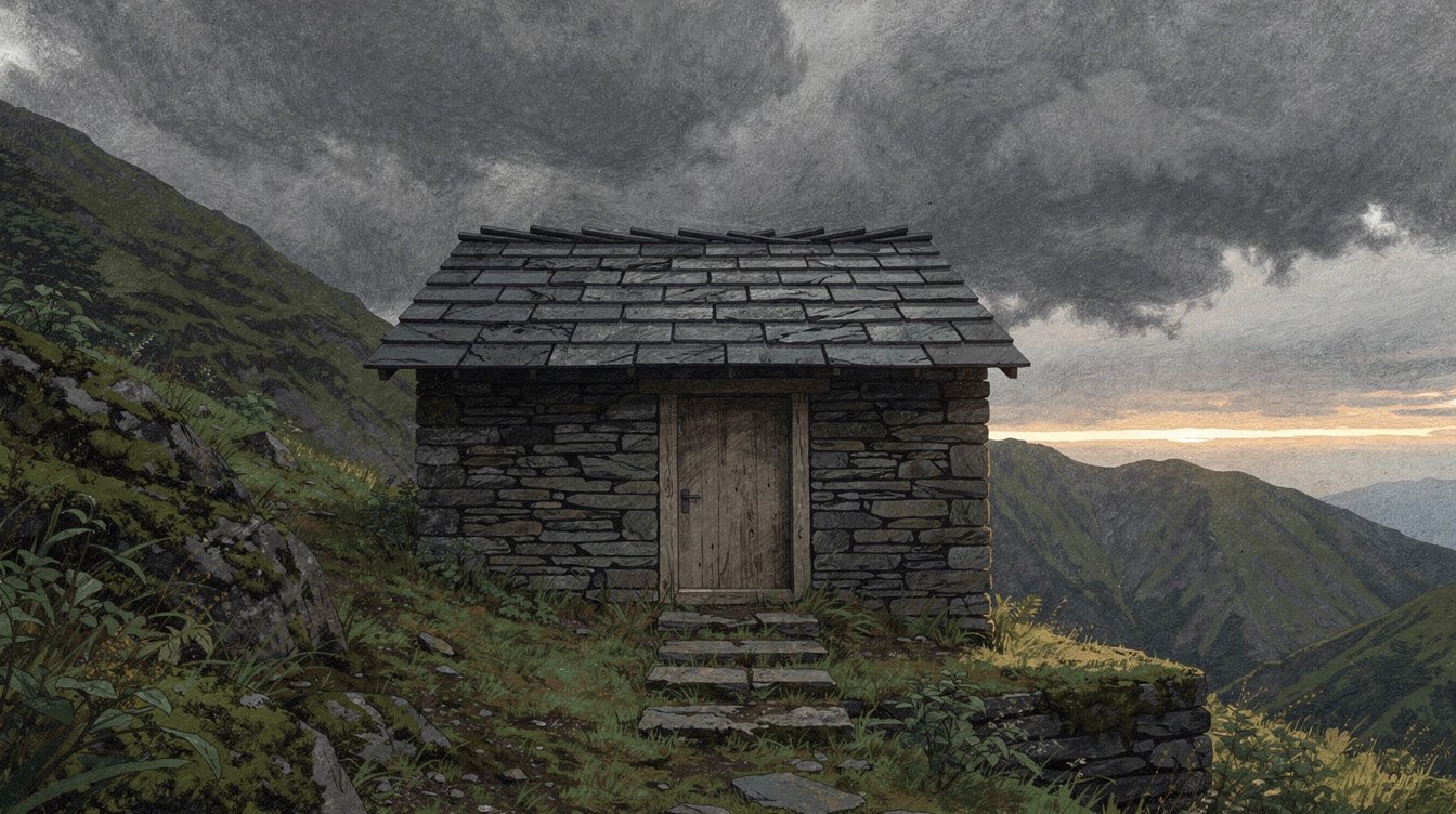 Slate-roofed house in the southern Taiwan mountains under storm cloud