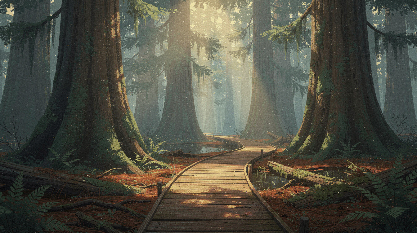 Boardwalk through an ancient cypress forest in the Taiwan mountains