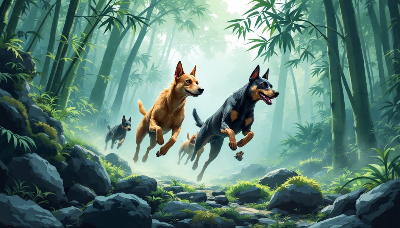Three lean short-coated dogs running through misty bamboo forest on a Taiwan mountain slope