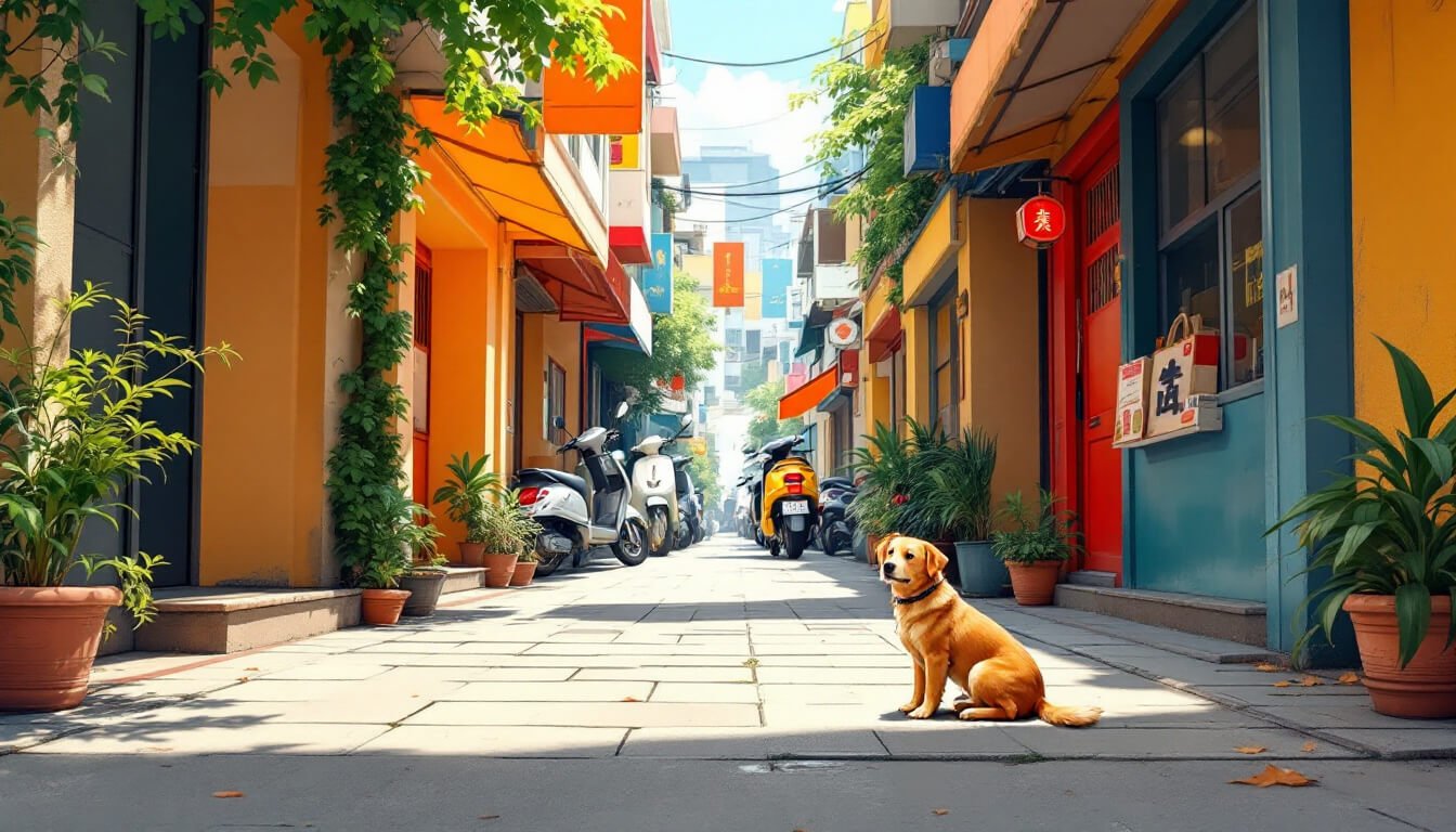 taiwan native dog sitting in a sunlit Taipei alley beside parked scooters