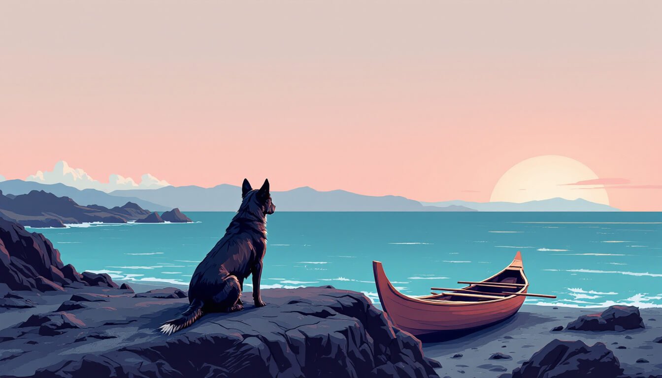 Dark short-coated dog on a rocky Taiwan coast at dawn beside a wooden outrigger canoe