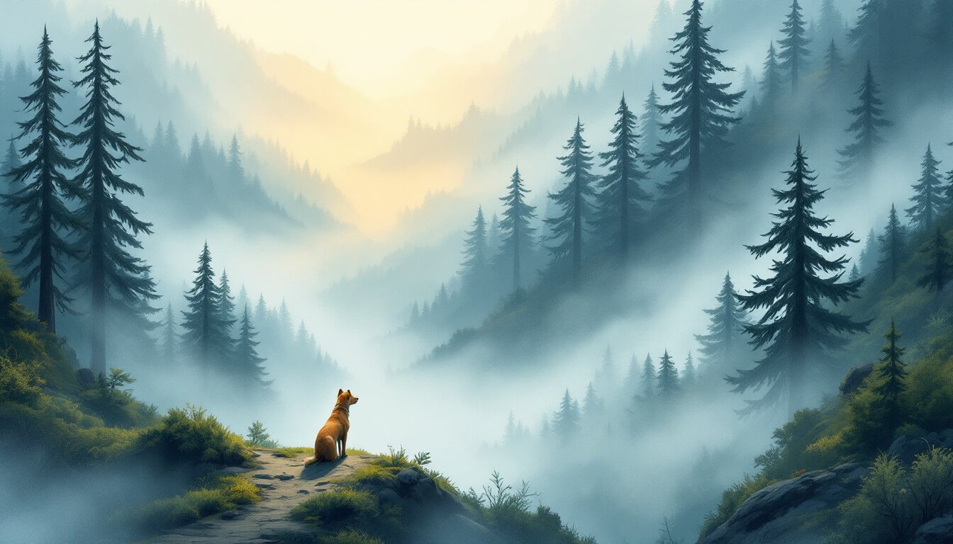 Tan dog standing in mountain fog on a forest trail in Taiwan