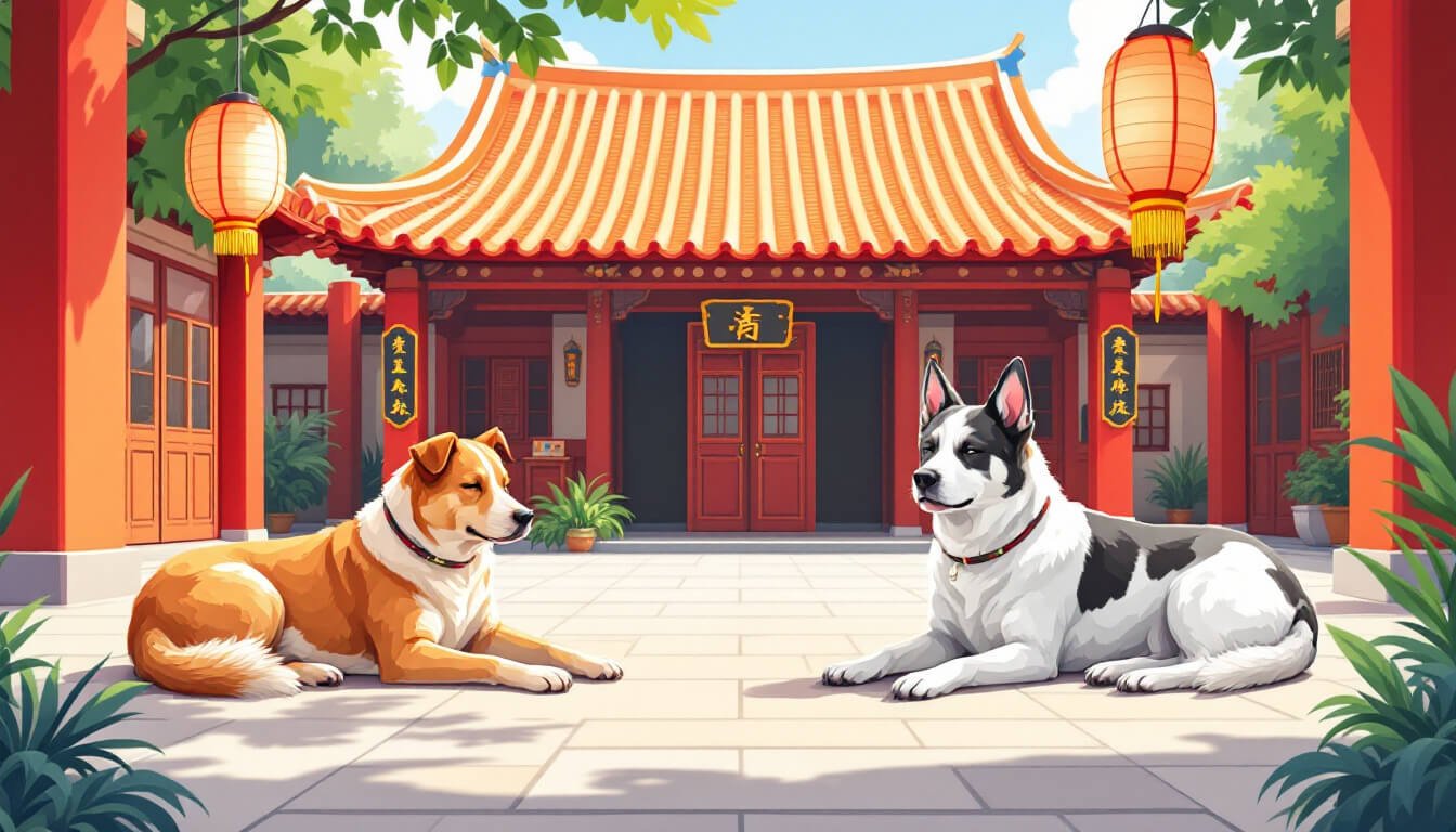 Relaxed mixed-breed Taiwanese street dogs resting in a sunny temple courtyard
