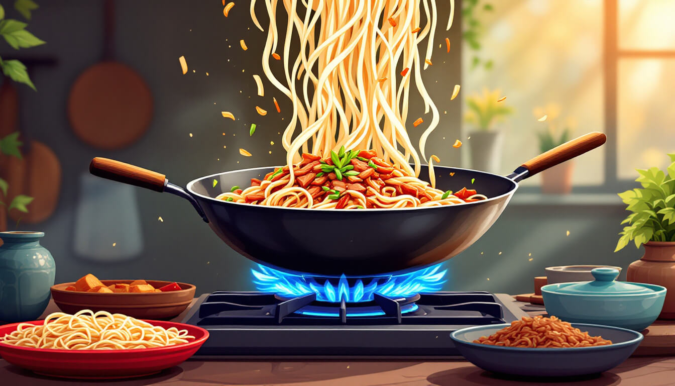 A wok tossing Hakka flat rice noodles with garlic chives