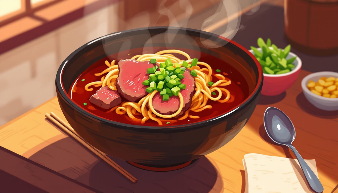 Taiwanese braised beef noodle soup with beef shank and scallions