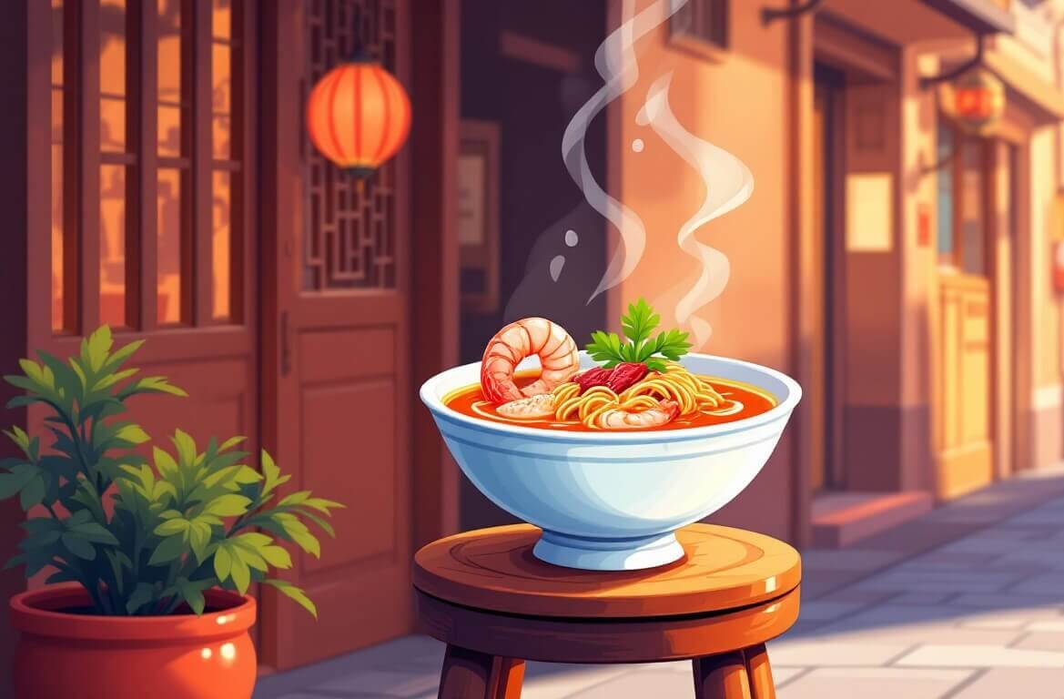 A small bowl of Tainan danzai noodles with shrimp and minced pork