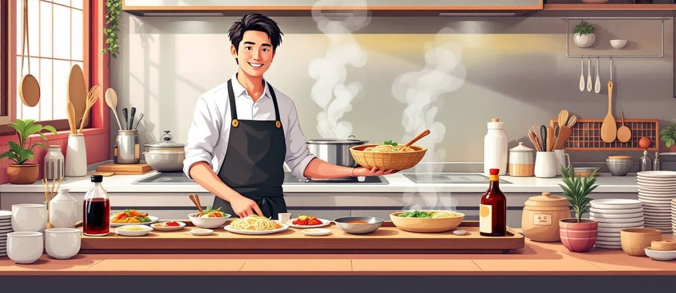 A Taiwanese noodle shop counter with side dishes and condiments