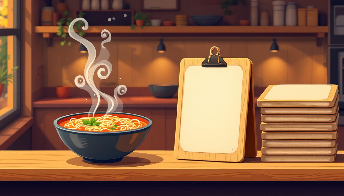A steaming bowl of Taiwanese noodles beside blank wooden menu boards