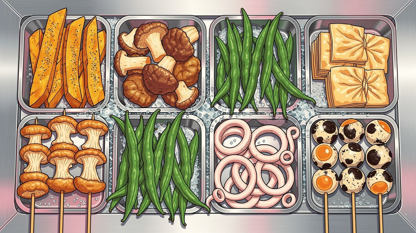 Chilled stainless trays of sweet potato, king oyster mushroom, green beans, tofu skin, squid and quail eggs at a Taiwanese fried snack stall