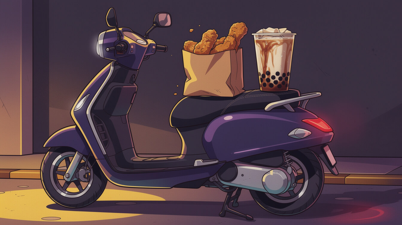 Paper bag of Taiwan popcorn chicken and a cup of bubble tea resting on a scooter seat at night