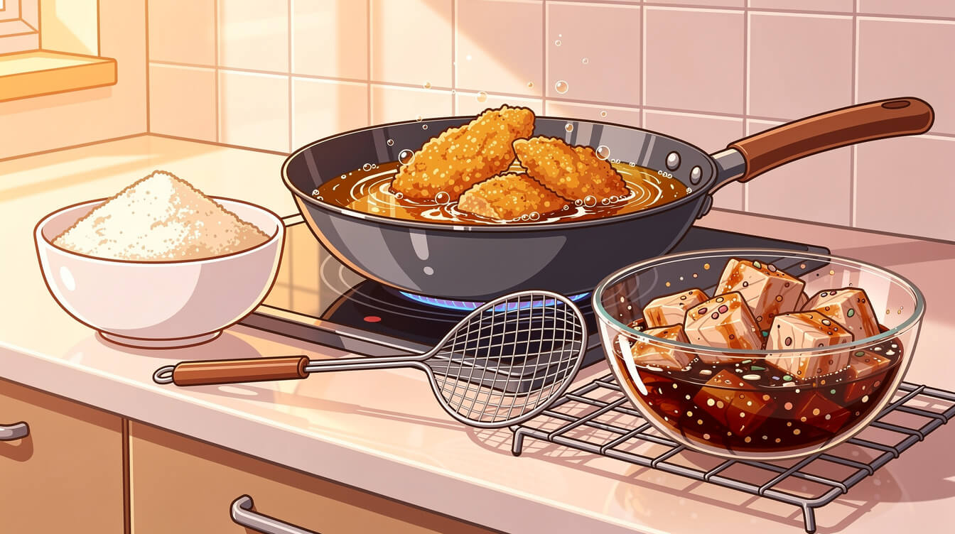 Home kitchen wok frying Taiwan popcorn chicken beside a bowl of coarse sweet potato starch and marinating chicken thigh