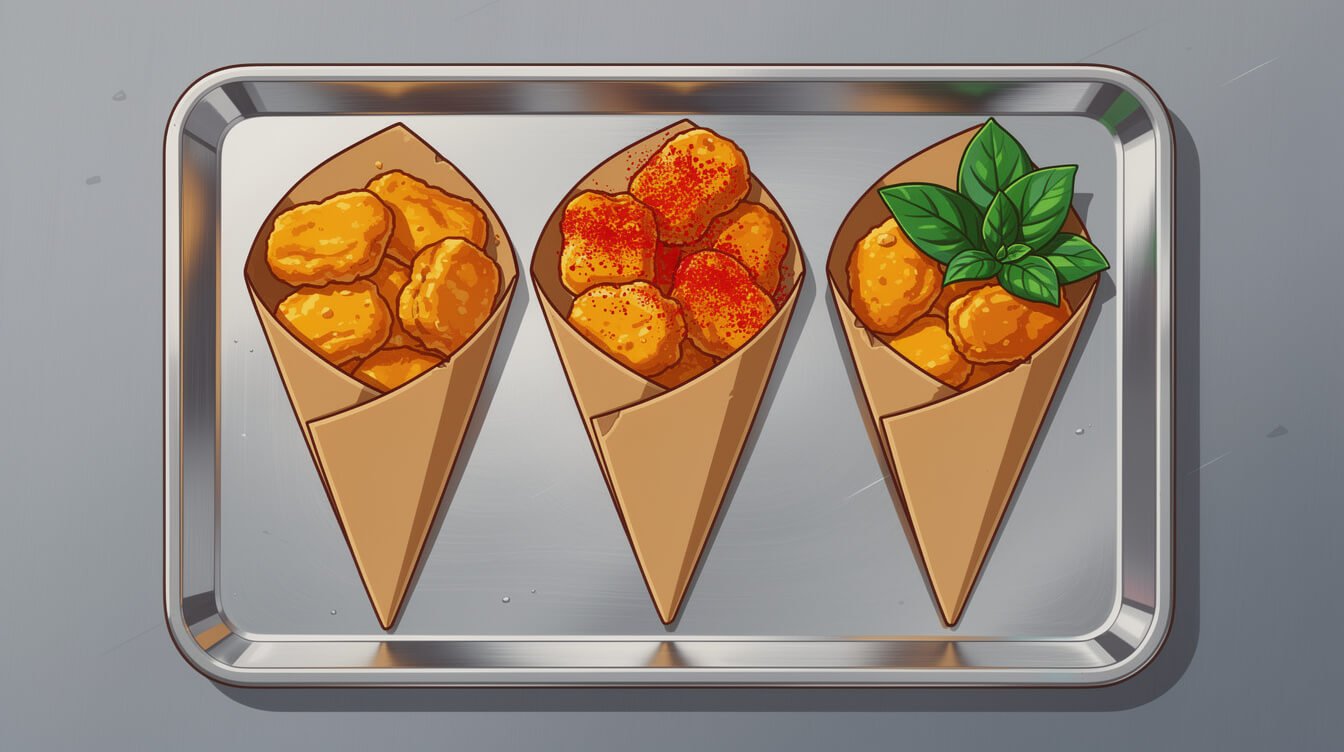 Popcorn chicken Taiwan night market snack served three ways in paper cones: plain, chilli-dusted, and topped with fried basil
