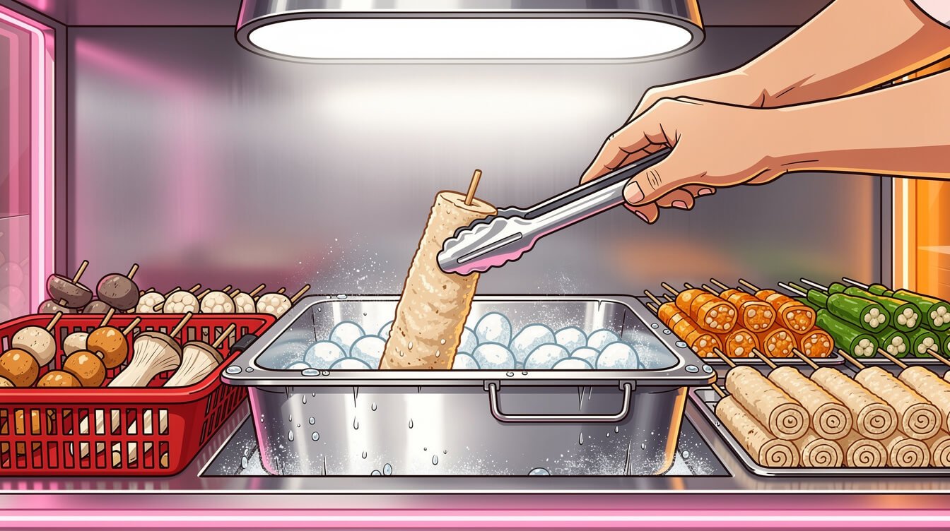 Hands using metal tongs to pick a skewer from the chilled display tray at a Taiwan popcorn chicken stall