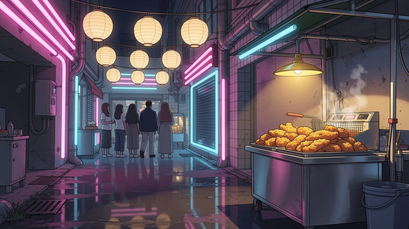 Neon-lit Taiwan night market lane at night with a corner fried chicken stall and a queue